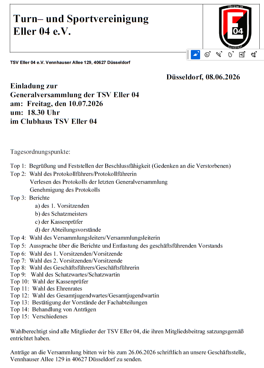 E04-Generalversammlung Freitag, 10.7.2026 - 18.30 im Clubhaus
